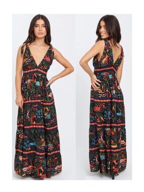 Farm Rio Animal Utopia Printed Cotton Poplin Maxi Dress / Medium / V-Neck Brazil